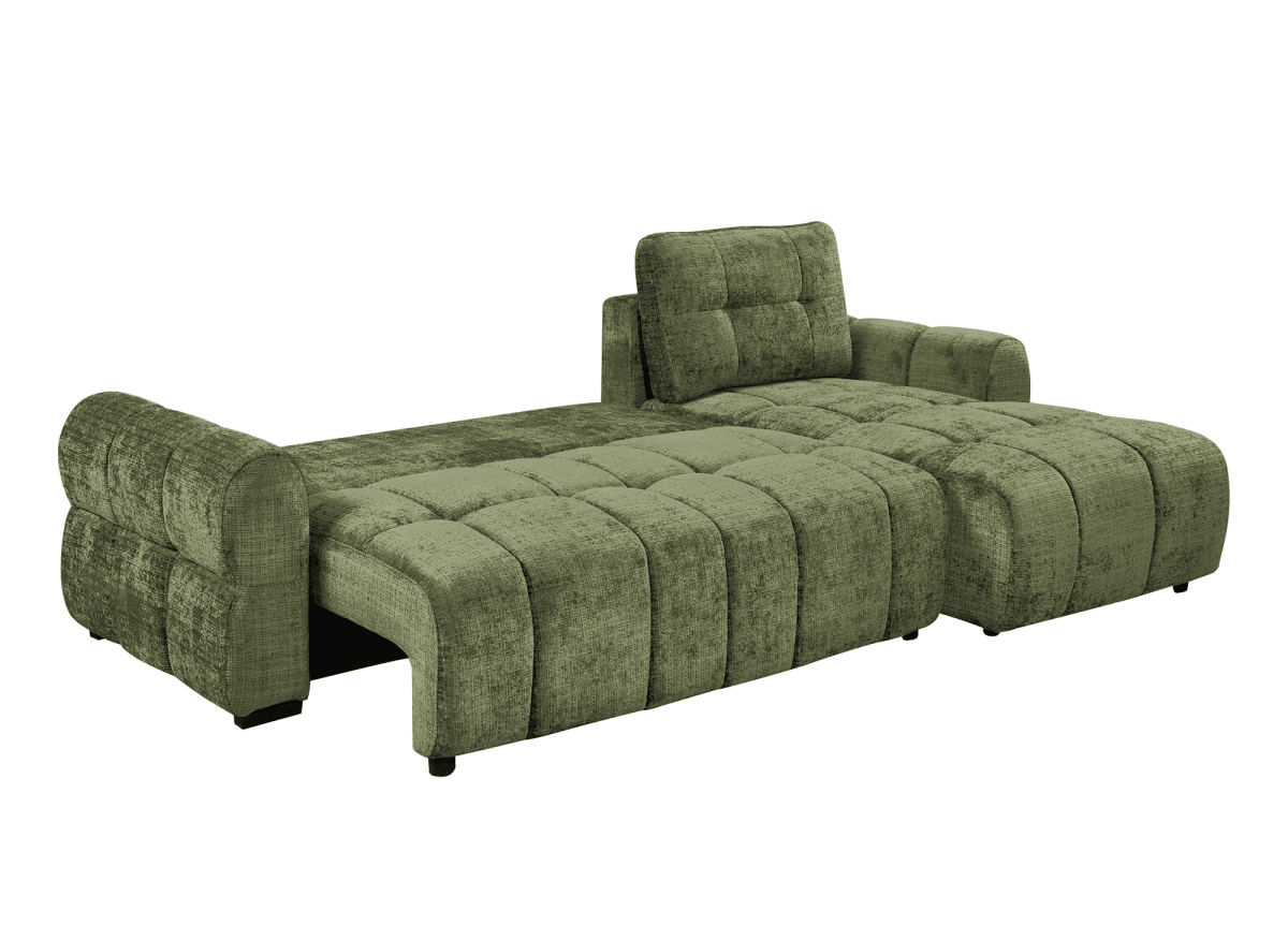 Canapé d'angle convertible avec coffre en velours chiné vert olive MAHLONE - Angle droit - DécoInParis