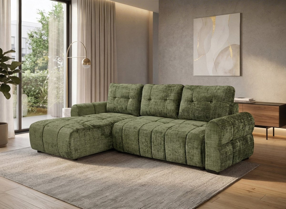 Canapé d'angle convertible avec coffre en velours chiné vert olive MAHLONE - Angle gauche - DécoInParis