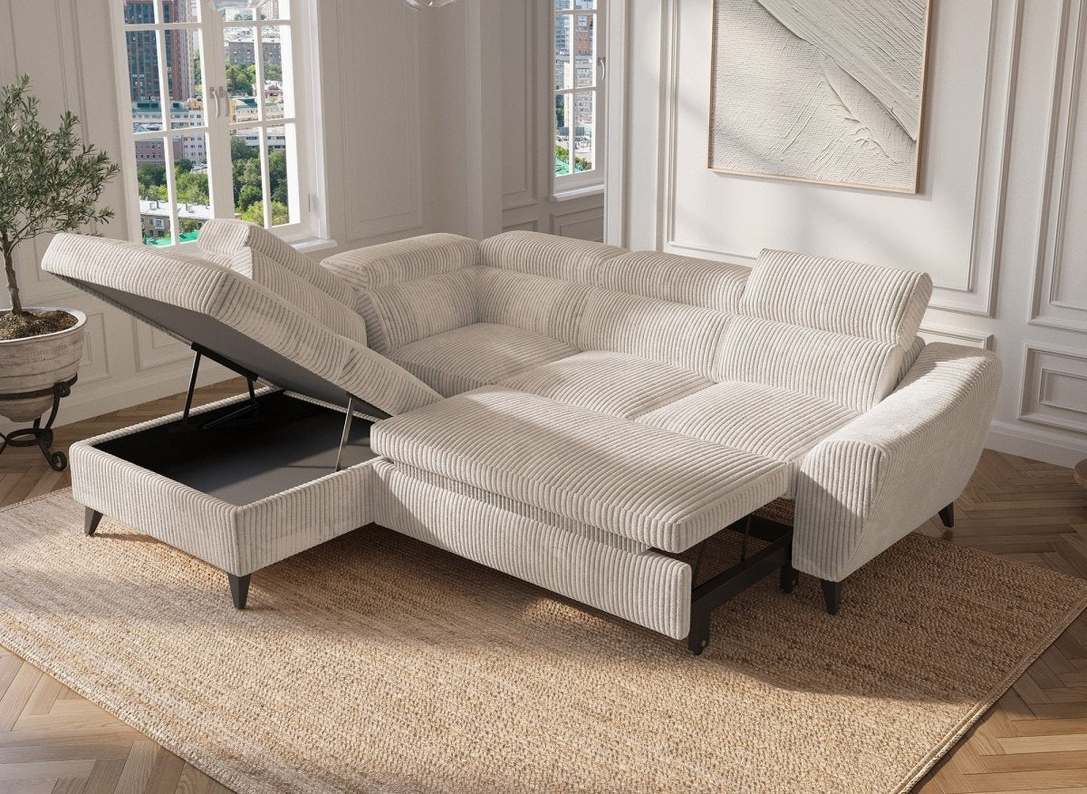 Canapé d'angle convertible avec coffre en velours côtelé épais beige DALTON - Angle gauche - DécoInParis