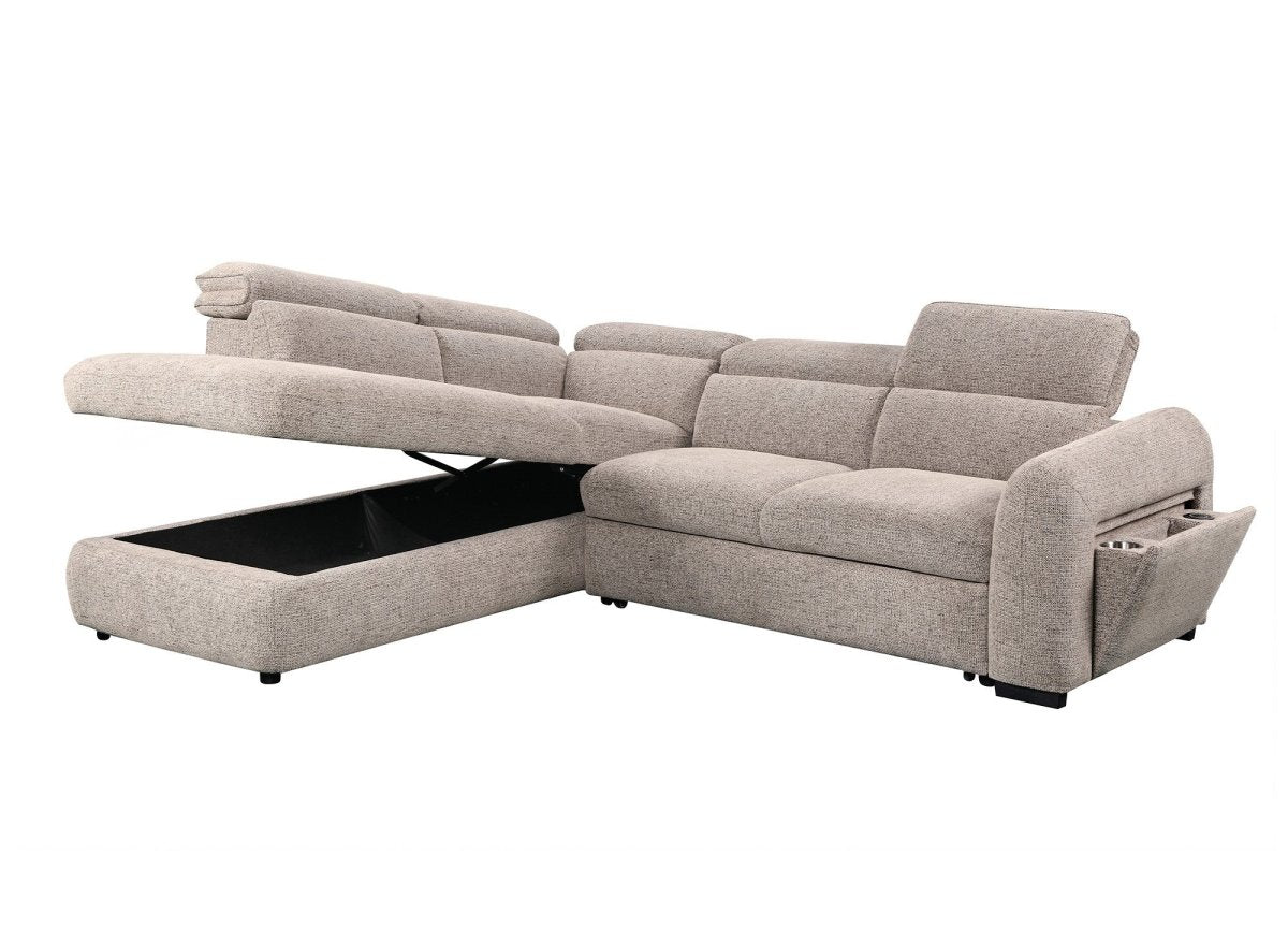 Canapé d'angle convertible avec coffre en velours texturé taupe MADISON - Angle gauche - DécoInParis