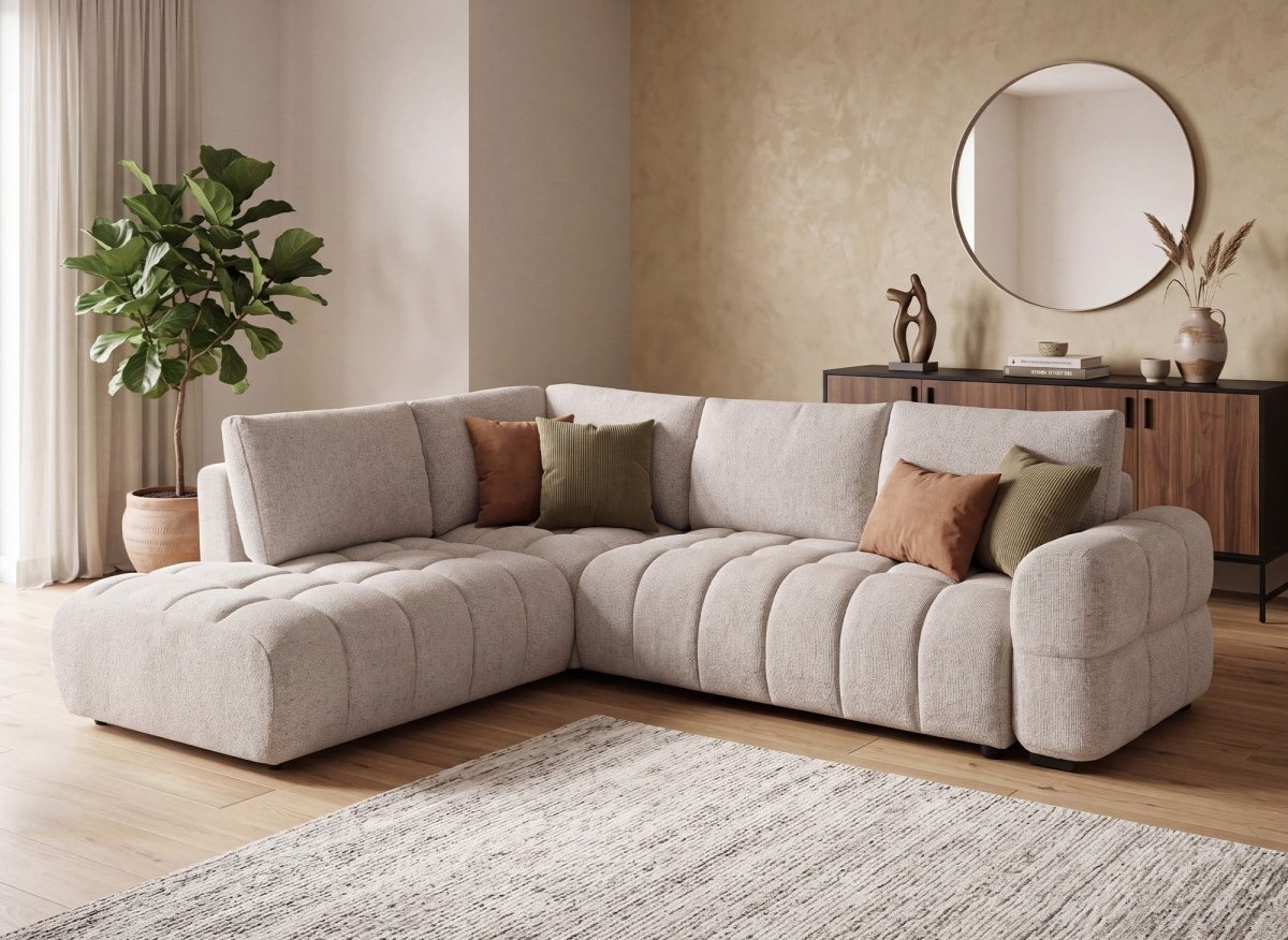 Canapé d'angle convertible avec coffres en velours texturé beige NAELIE - Angle gauche - DécoInParis