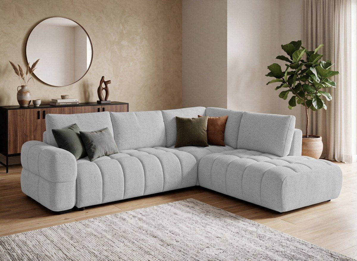 Canapé d'angle convertible avec coffres en velours texturé gris clair NAELIE - Angle droit - DécoInParis