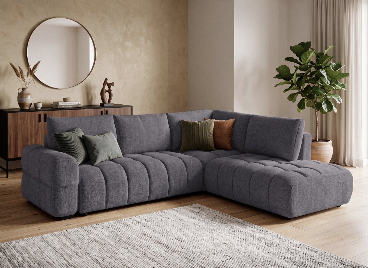 Canapé d'angle convertible avec coffres en velours texturé gris foncé NAELIE - Angle droit - DécoInParis