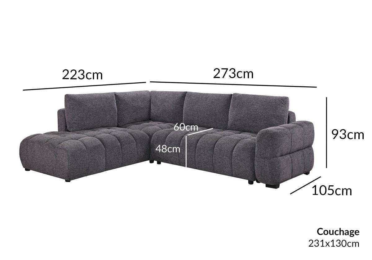 Canapé d'angle convertible avec coffres en velours texturé gris foncé NAELIE - Angle gauche - DécoInParis