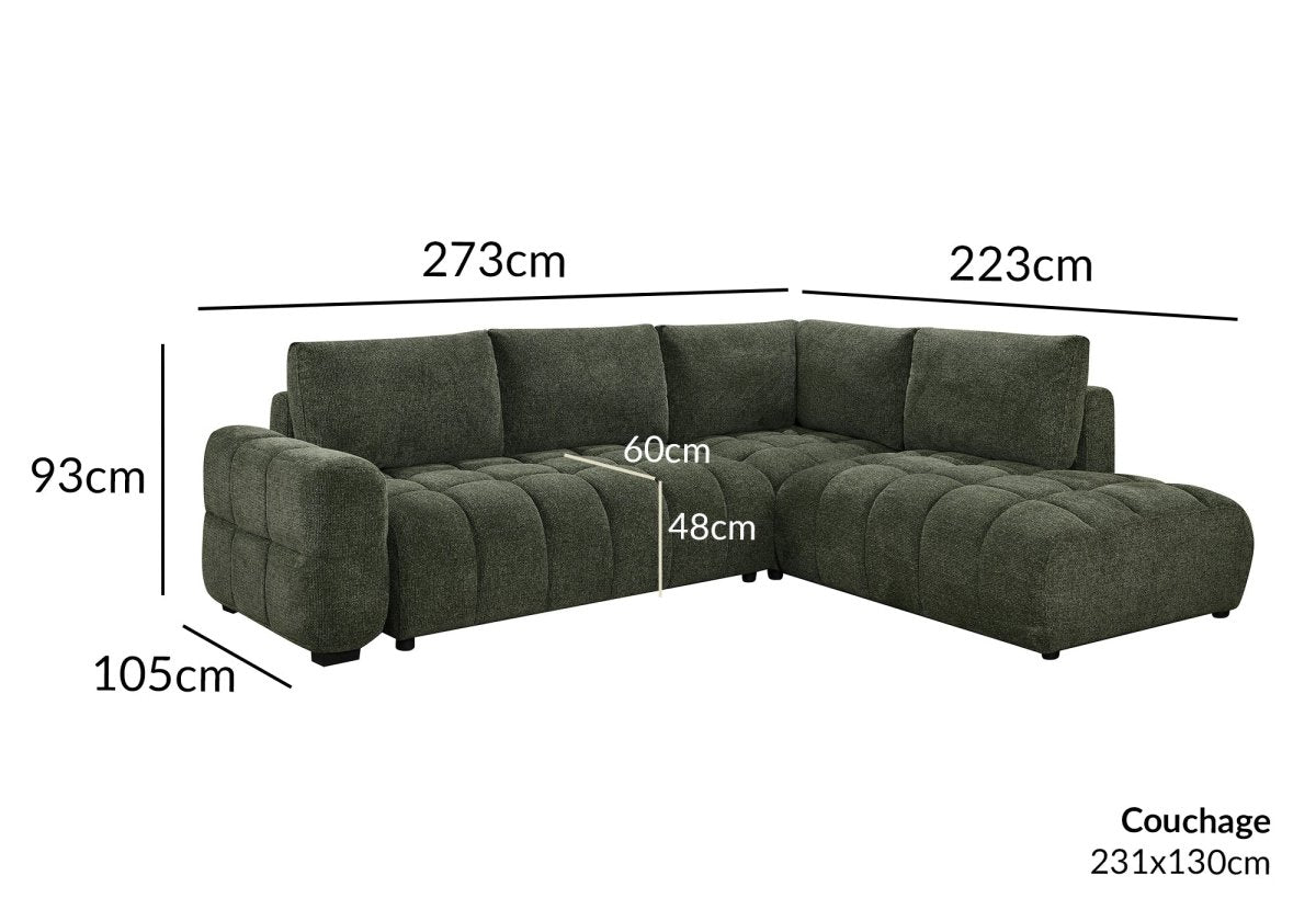 Canapé d'angle convertible avec coffres en velours texturé vert olive NAELIE - Angle droit - DécoInParis