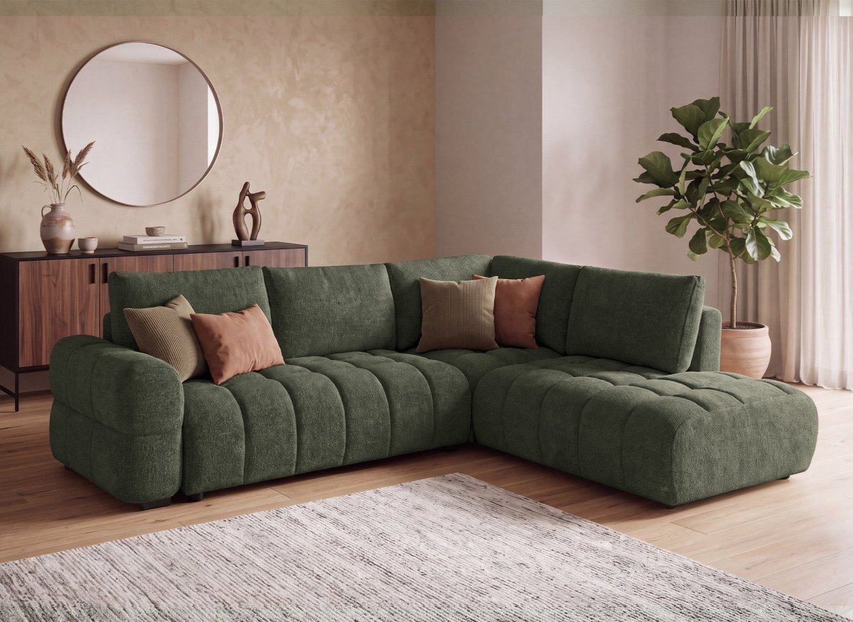 Canapé d'angle convertible avec coffres en velours texturé vert olive NAELIE - Angle droit - DécoInParis