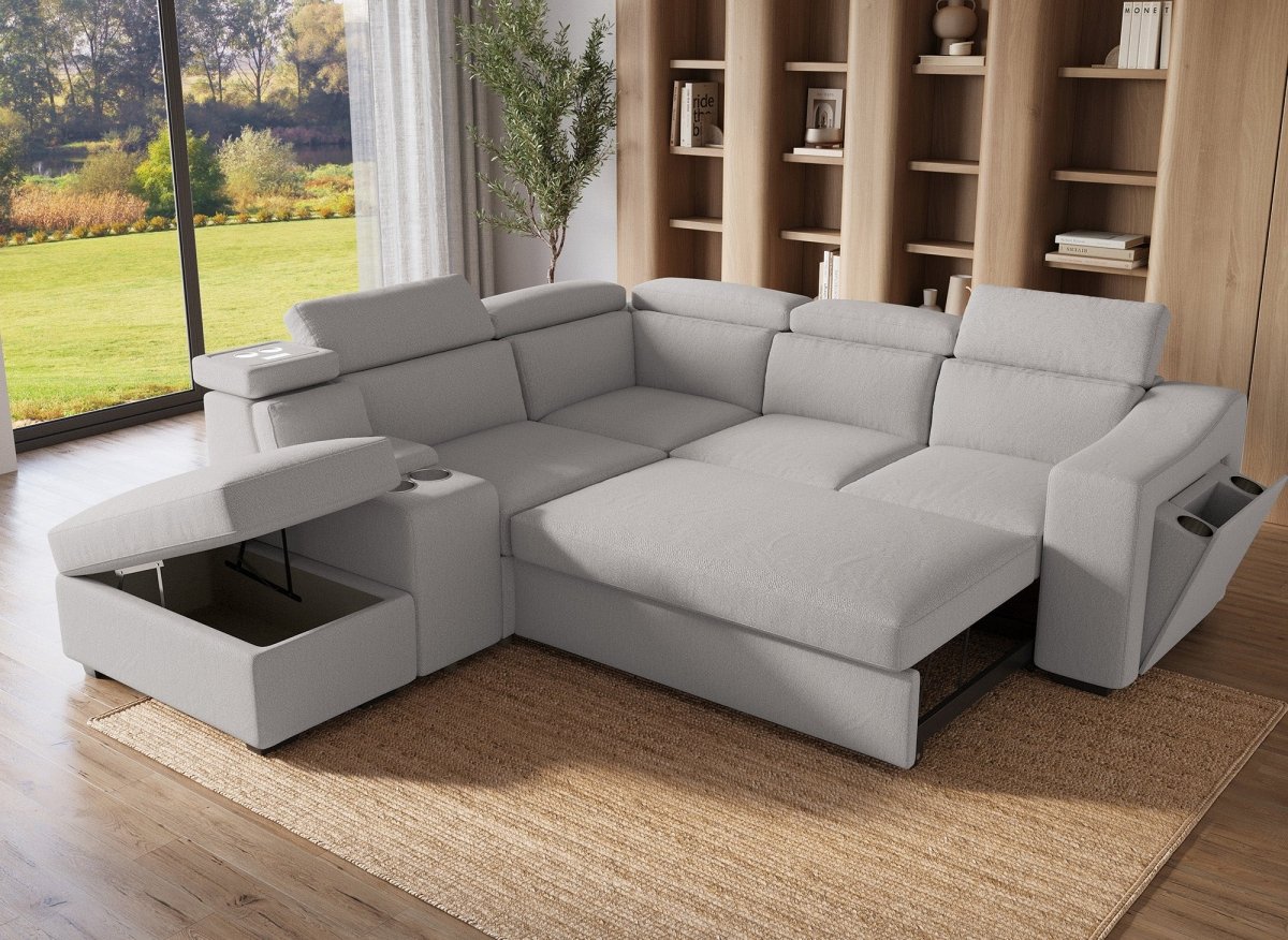 Canapé d'angle convertible en tissu beige DEREK XL - Angle gauche - DécoInParis