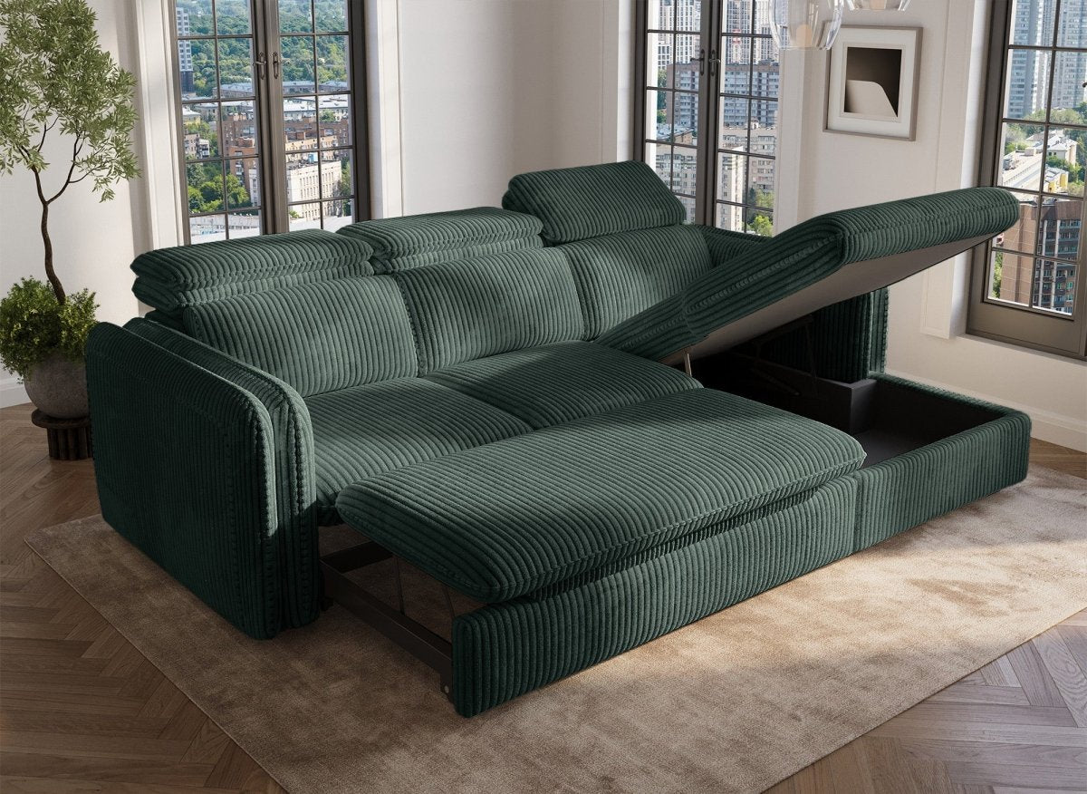 Canapé d'angle convertible en velours côtelé épais vert ISABELLA - Angle droit - DécoInParis