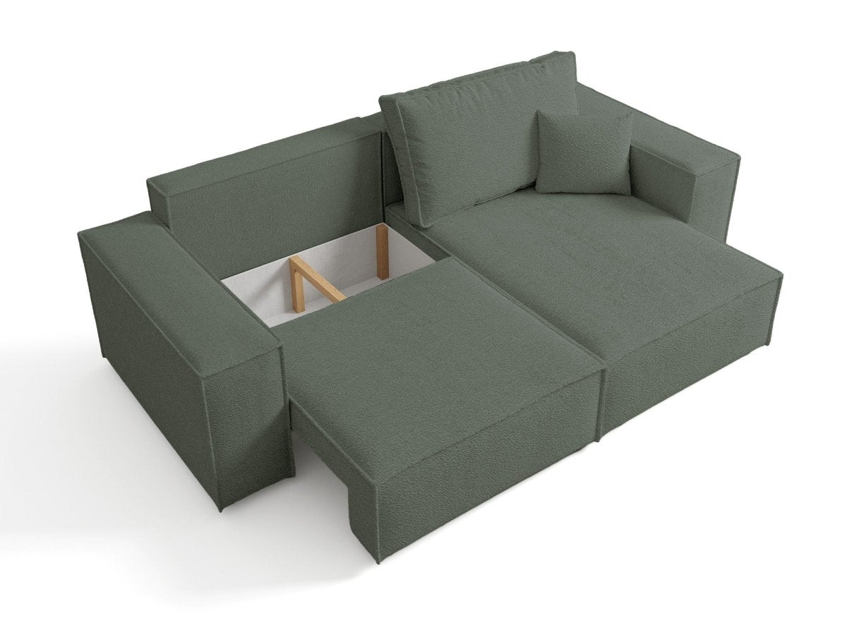 Canapé d'angle convertible et réversible avec coffre en tissu bouclette vert kaki JADE MINI - DécoInParis