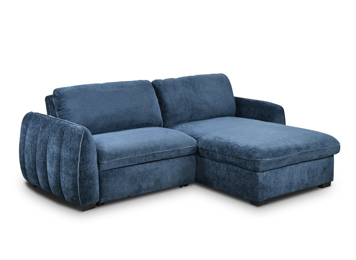 Canapé d'angle convertible et réversible avec coffre en velours chiné bleu LIORA - DécoInParis