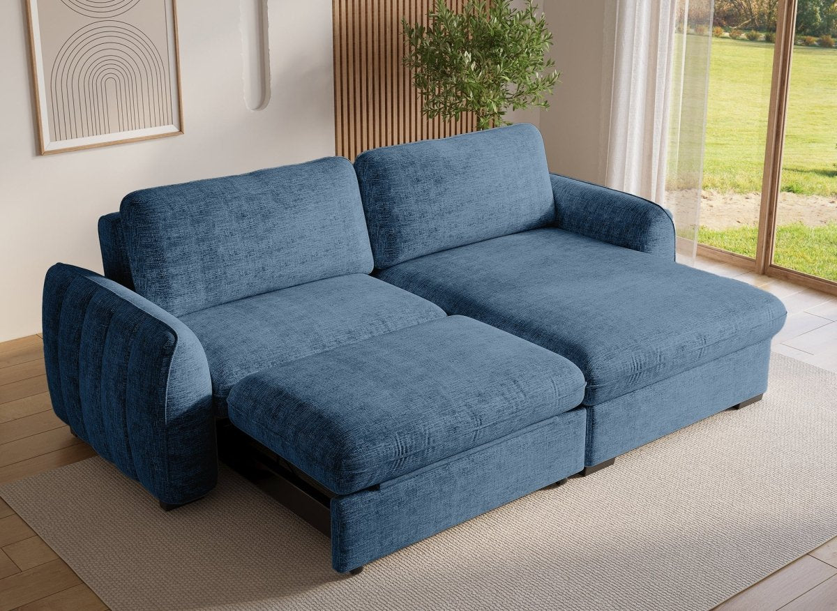 Canapé d'angle convertible et réversible avec coffre en velours chiné bleu LIORA - DécoInParis