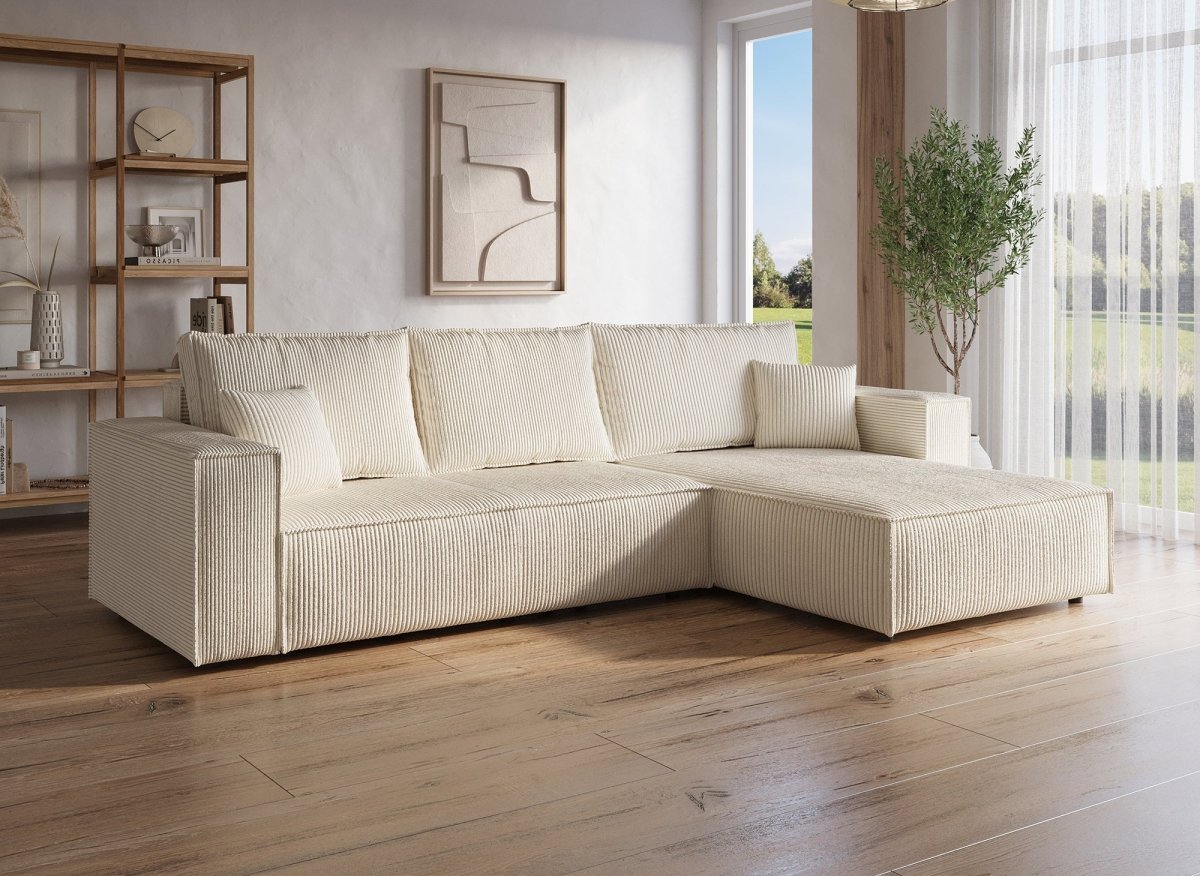 Canapé d'angle convertible et réversible avec coffre en velours cotelé beige JADE - DécoInParis