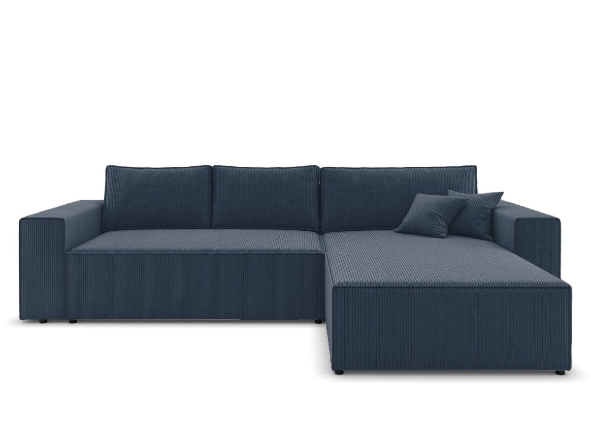 Canapé d'angle convertible et réversible avec coffre en velours cotelé bleu foncé - JADE - DécoInParis