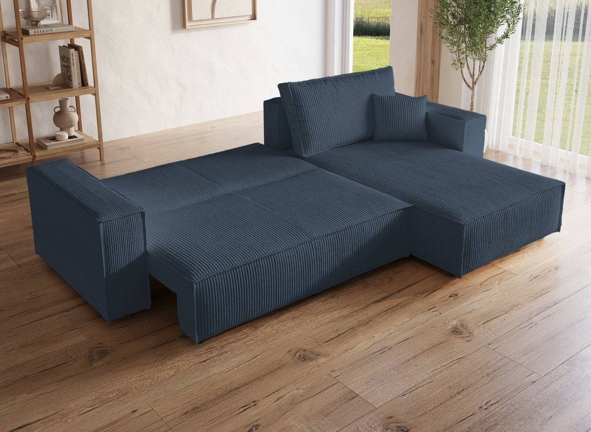 Canapé d'angle convertible et réversible avec coffre en velours cotelé bleu foncé - JADE - DécoInParis