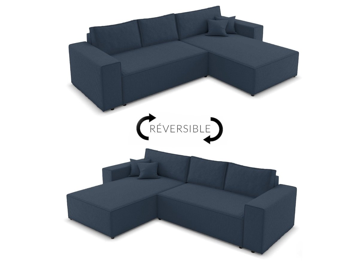 Canapé d'angle convertible et réversible avec coffre en velours cotelé bleu foncé - JADE - DécoInParis