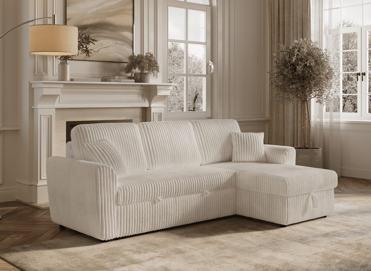 Canapé d'angle convertible et réversible avec coffre en velours côtelé épais beige ADRYEN - DécoInParis