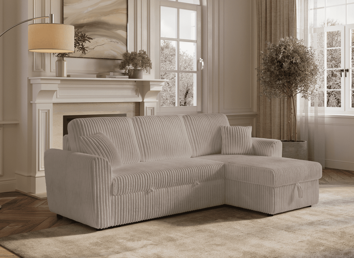 Canapé d'angle convertible et réversible avec coffre en velours côtelé épais taupe ADRYEN - DécoInParis