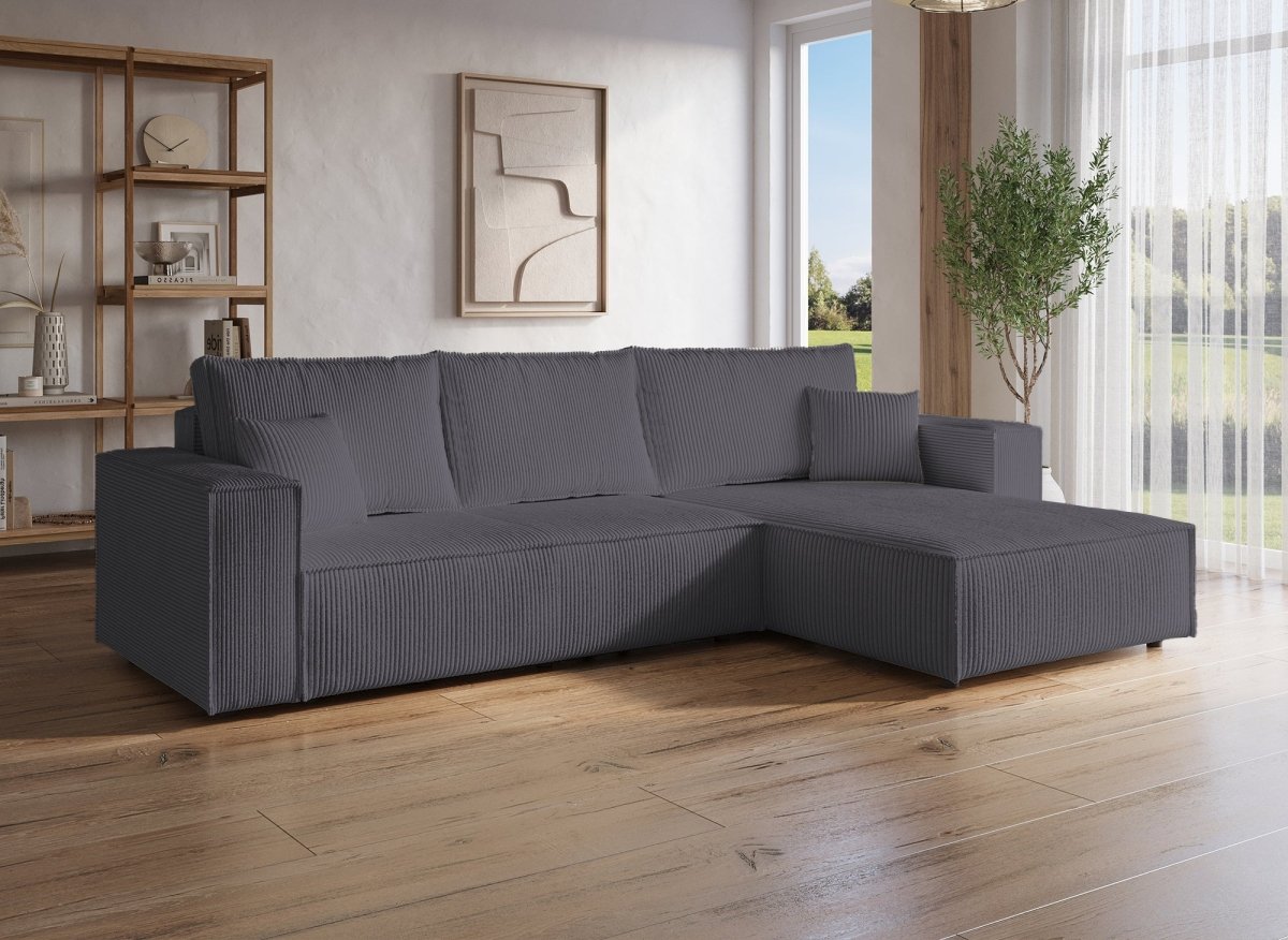Canapé d'angle convertible et réversible avec coffre en velours cotelé gris anthracite - JADE - DécoInParis