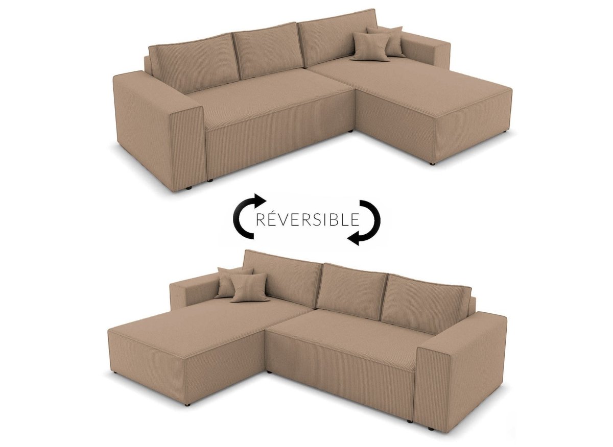 Canapé d'angle convertible et réversible avec coffre en velours cotelé moka JADE - DécoInParis