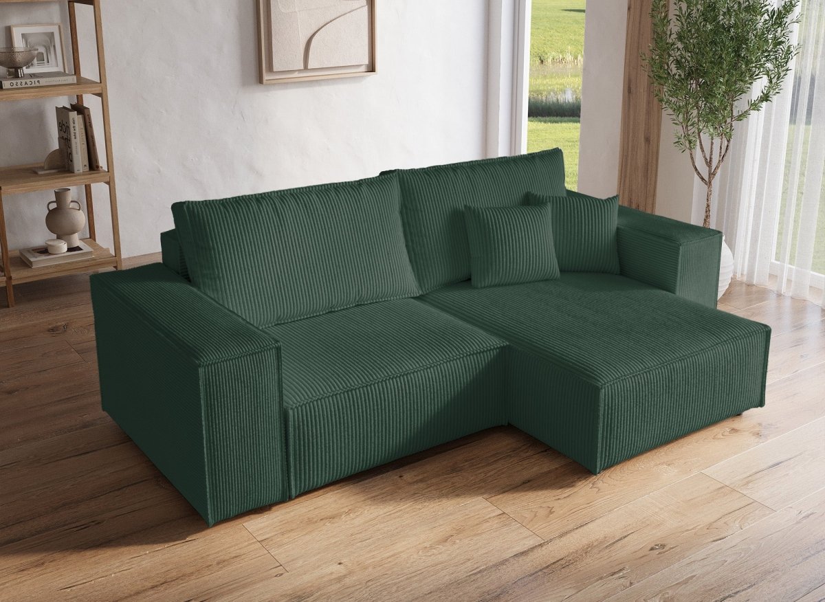 Canapé d'angle convertible et réversible avec coffre en velours côtelé vert JADE MINI - DécoInParis