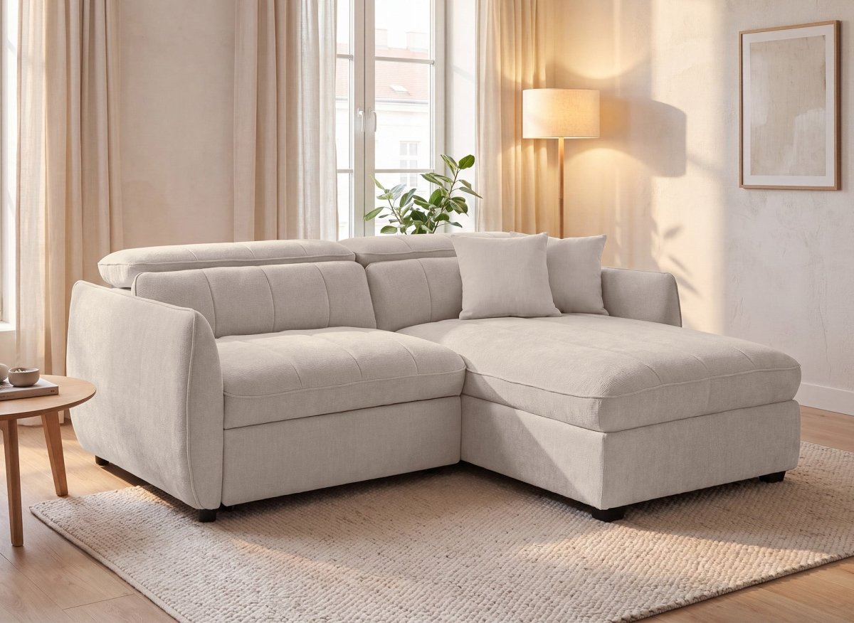 Canapé d'angle convertible et réversible avec coffre en velours tissé beige MADALENA - DécoInParis