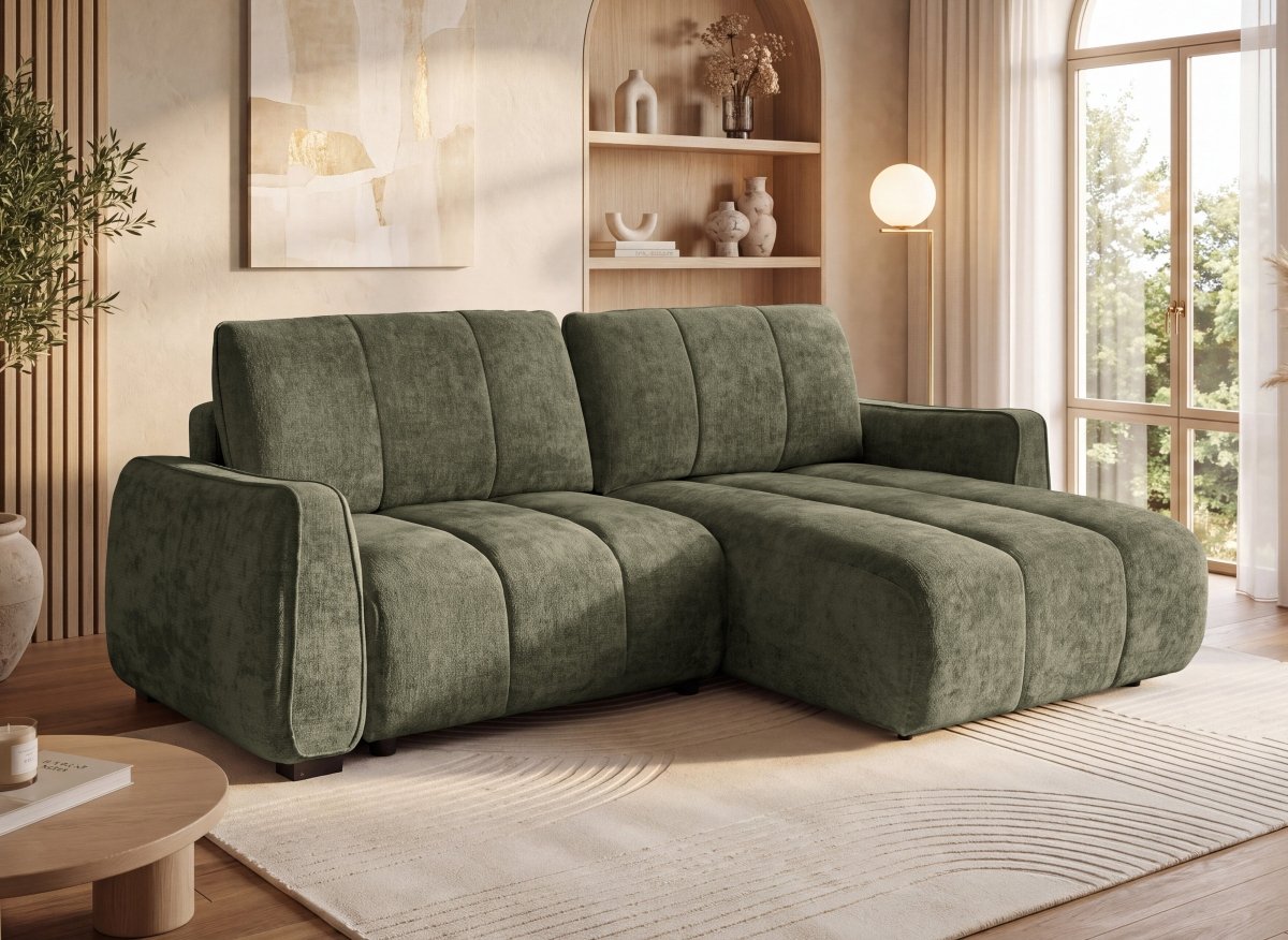 Canapé d'angle convertible et réversible avec coffres en velours texturé vert olive MAGHLA - DécoInParis