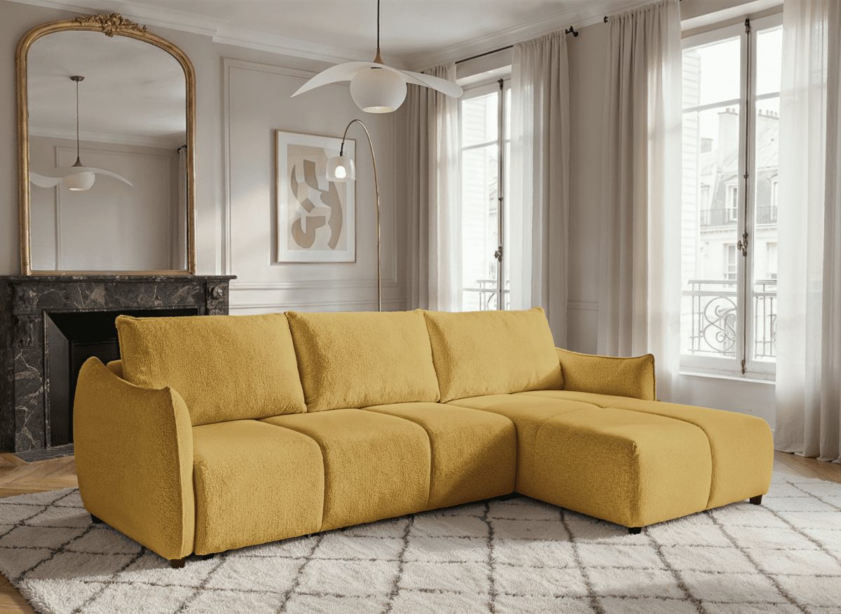 Canapé d'angle convertible et réversible en velours chiné jaune MYSA - DécoInParis