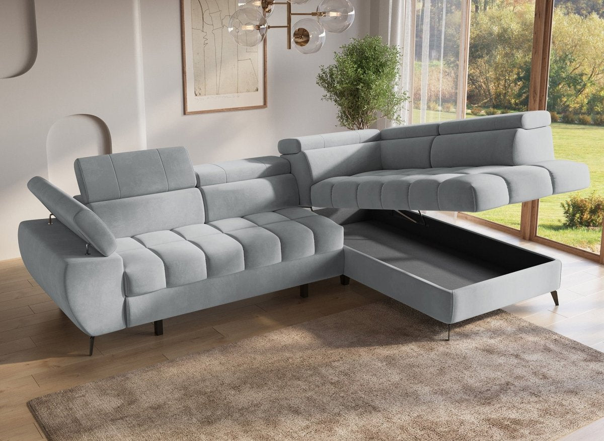 Canapé d'angle convertible matelassé avec coffre en velours gris LUCIANO - Angle droit - DécoInParis