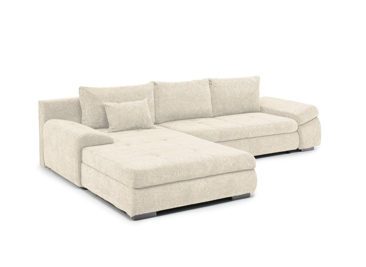 Canapé d'angle convertible réversible avec coffre en velours chiné beige SOLEA - DécoInParis