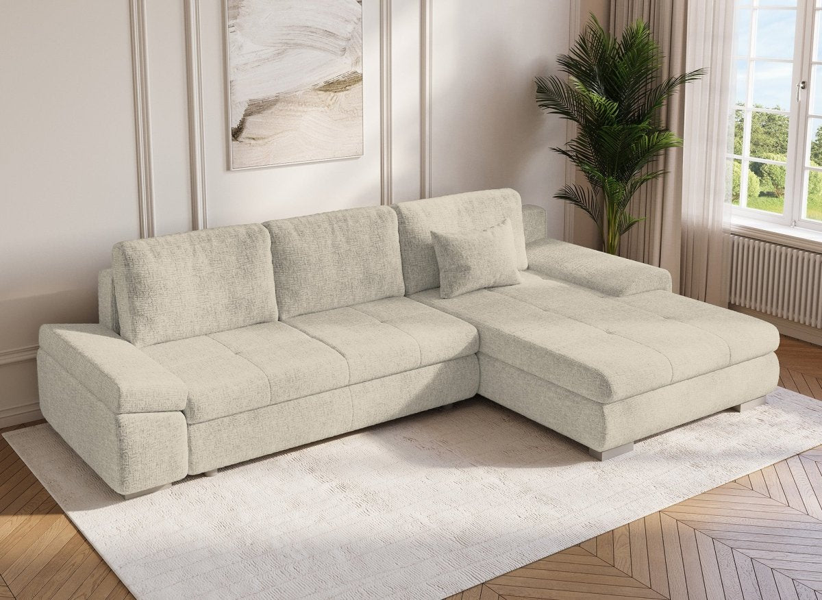 Canapé d'angle convertible réversible avec coffre en velours chiné beige SOLEA - DécoInParis