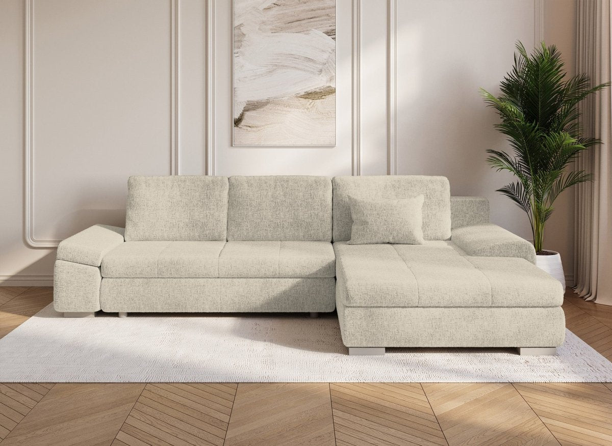 Canapé d'angle convertible réversible avec coffre en velours chiné beige SOLEA - DécoInParis