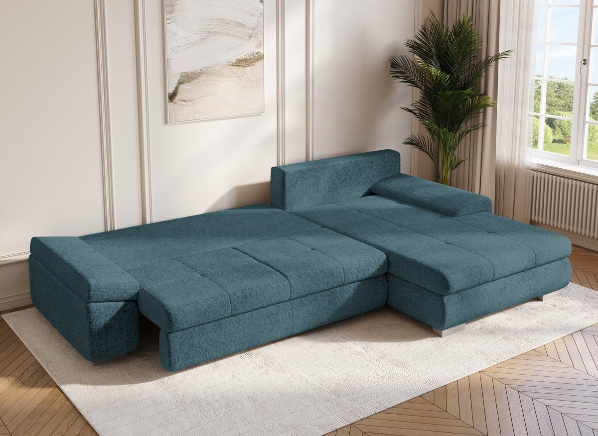 Canapé d'angle convertible réversible avec coffre en velours chiné bleu pétrole SOLEA - DécoInParis