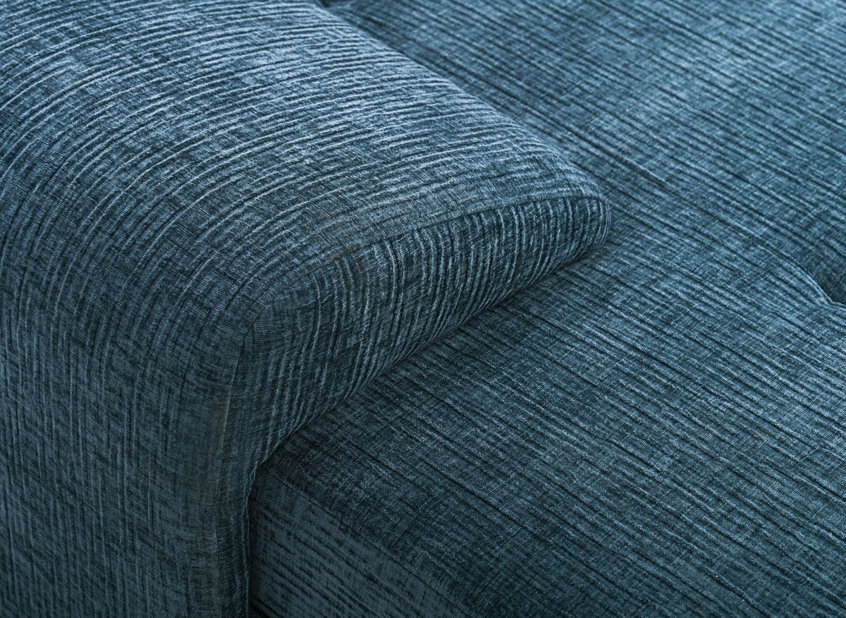 Canapé d'angle convertible réversible avec coffre en velours chiné bleu pétrole SOLEA - DécoInParis