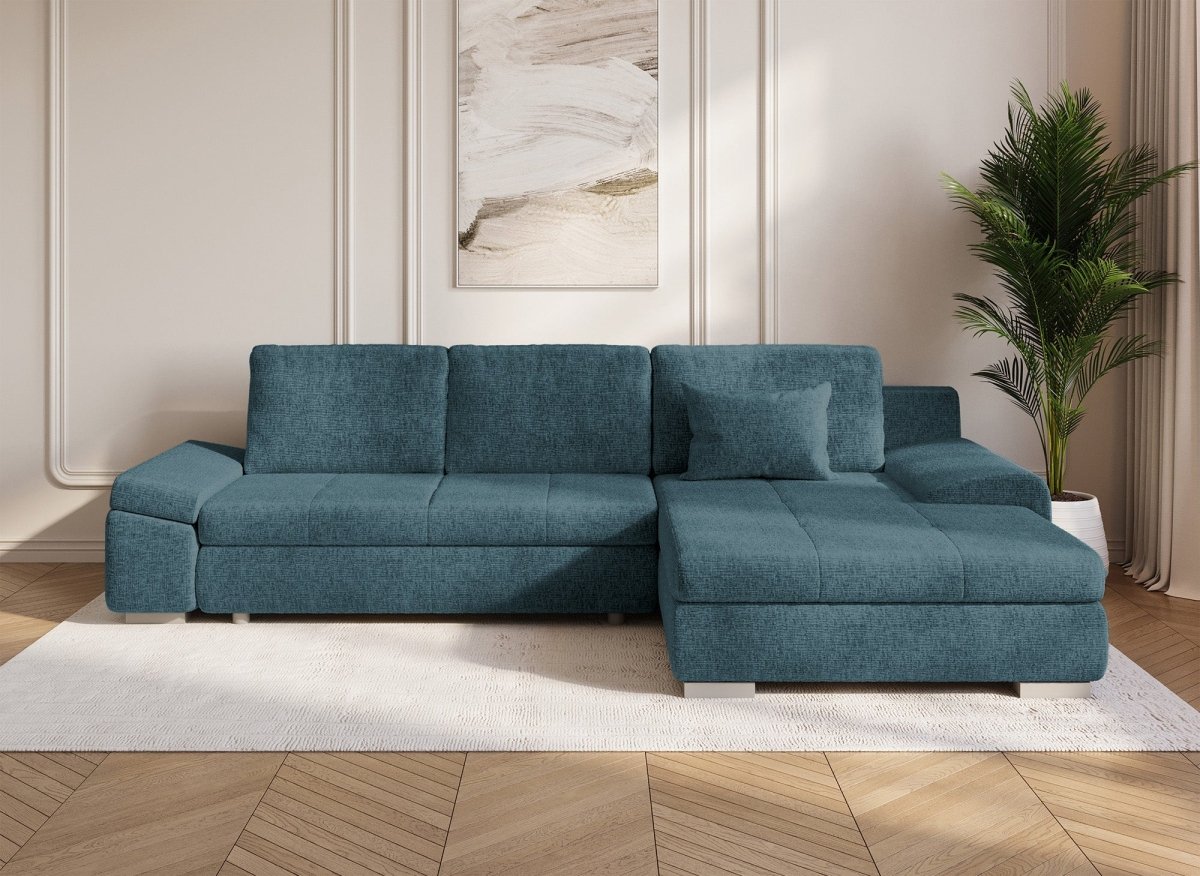 Canapé d'angle convertible réversible avec coffre en velours chiné bleu pétrole SOLEA - DécoInParis