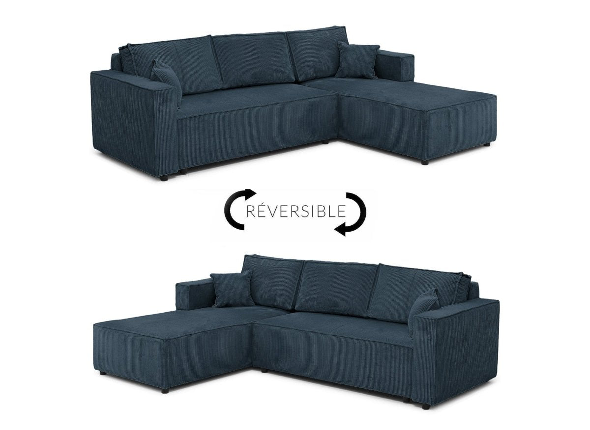 Canapé d'angle convertible réversible avec coffre en velours côtelé bleu SYNA - DécoInParis