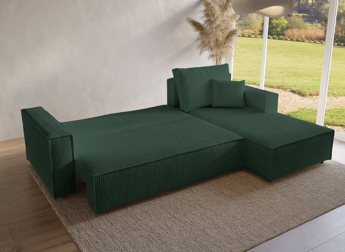 Canapé d'angle convertible réversible avec coffre en velours côtelé vert SYNA - DécoInParis