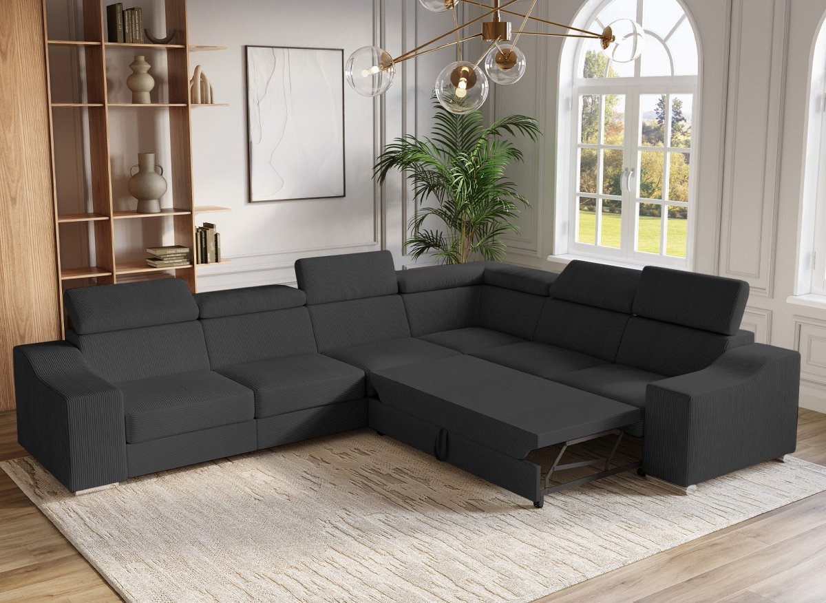 Canapé d'angle convertible réversible en velours côtelé gris anthracite LEONIE - DécoInParis
