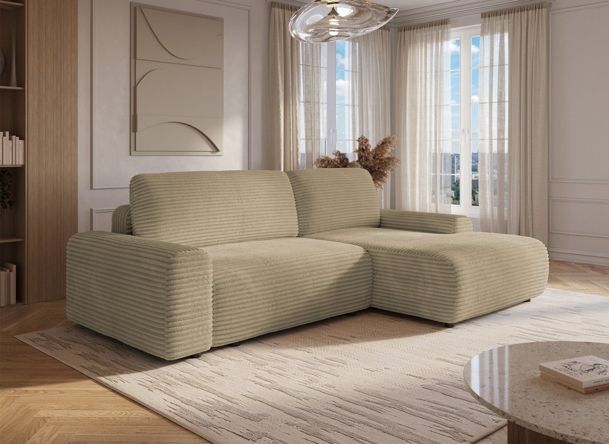 Canapé d'angle droit convertible avec coffre en velours côtelé épais taupe BALI - Angle droit - DécoInParis