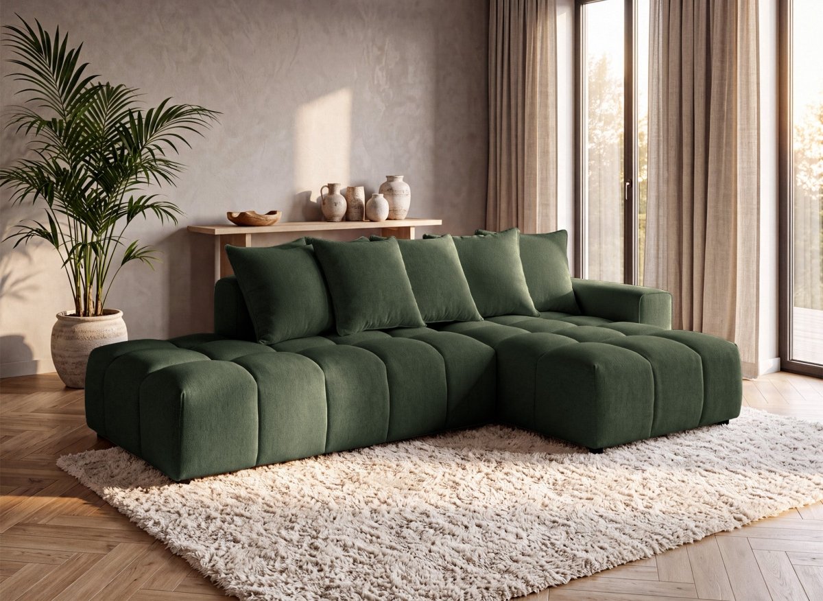 Canapé d'angle en tissu texturé vert olive CLARISSE - Angle droit - DécoInParis