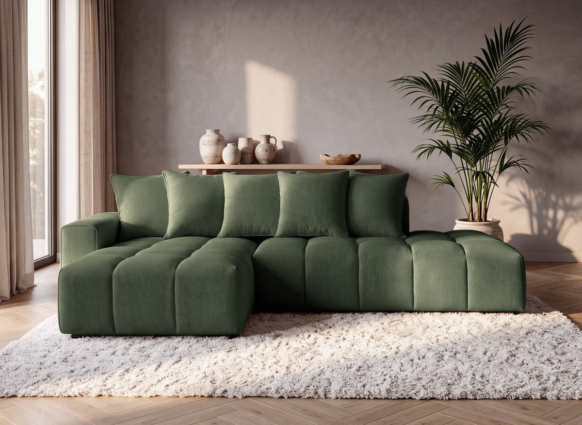 Canapé d'angle en tissu texturé vert olive CLARISSE - Angle gauche - DécoInParis