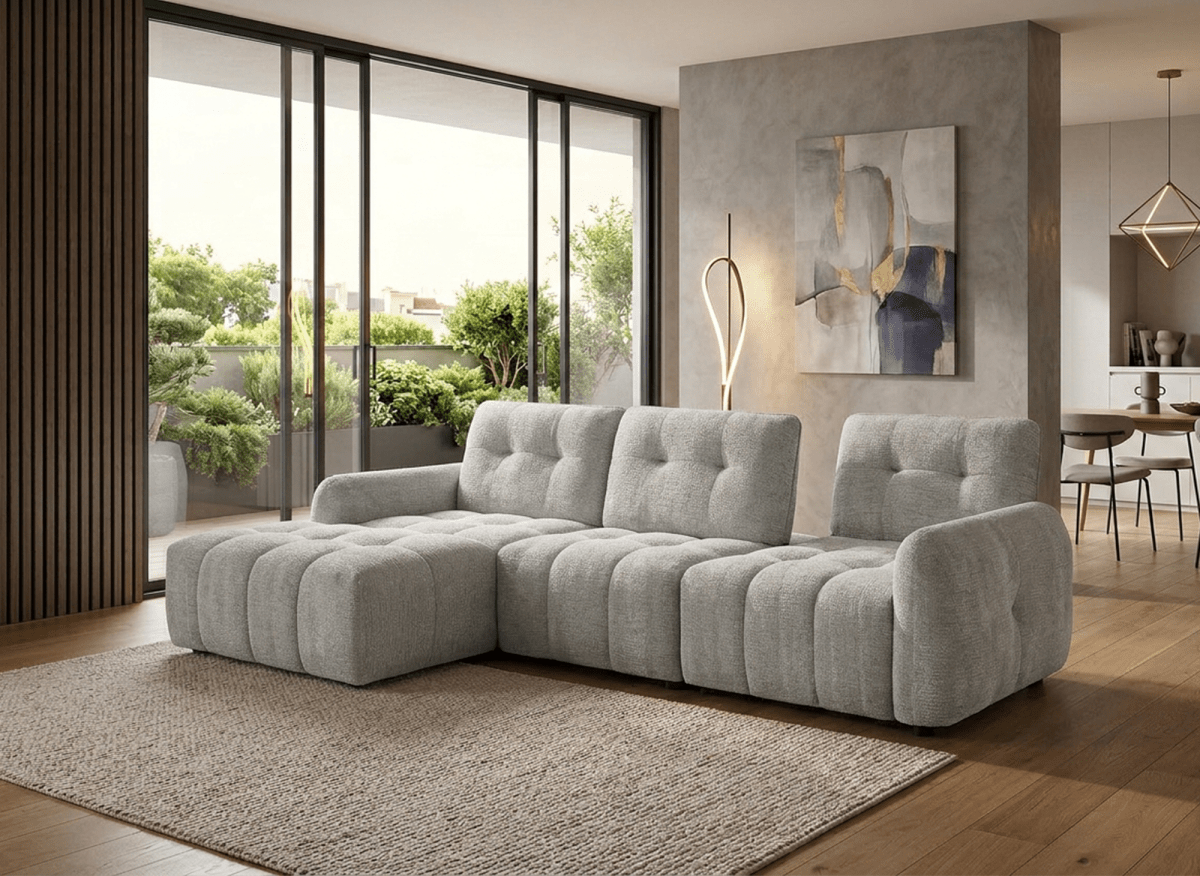 Canapé d'angle en velours tissé gris clair avec dossier réglable ADONIS - Angle gauche - DécoInParis