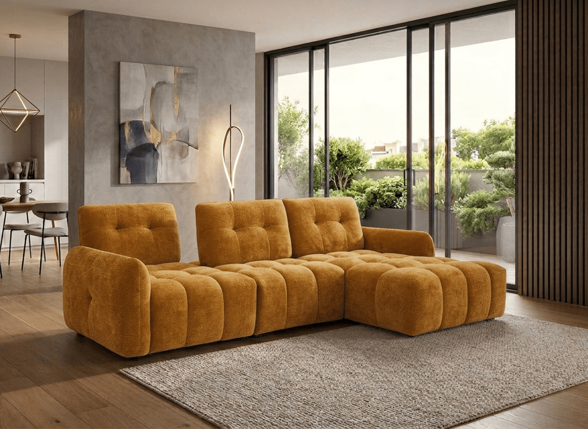 Canapé d'angle en velours tissé moutarde avec dossier réglable ADONIS - Angle droit - DécoInParis