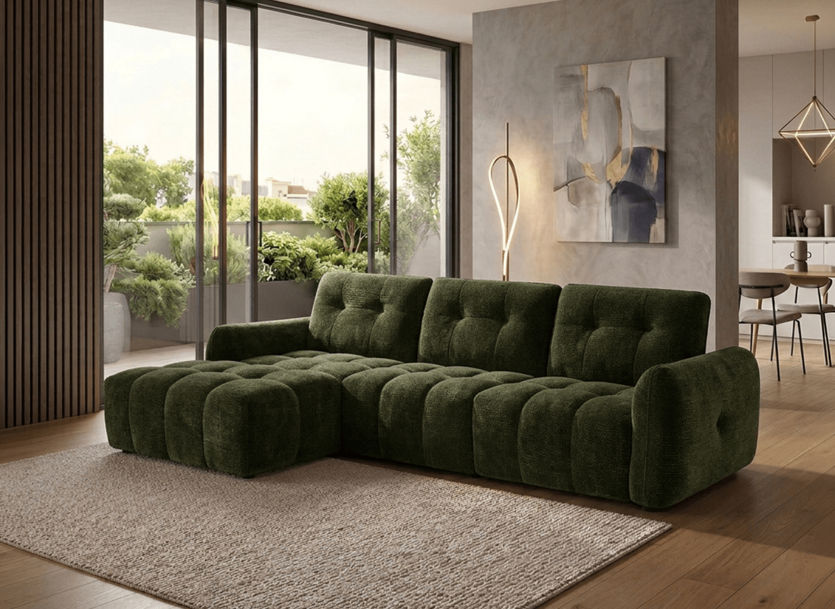 Canapé d'angle en velours tissé vert olive avec dossier réglable ADONIS - Angle gauche - DécoInParis