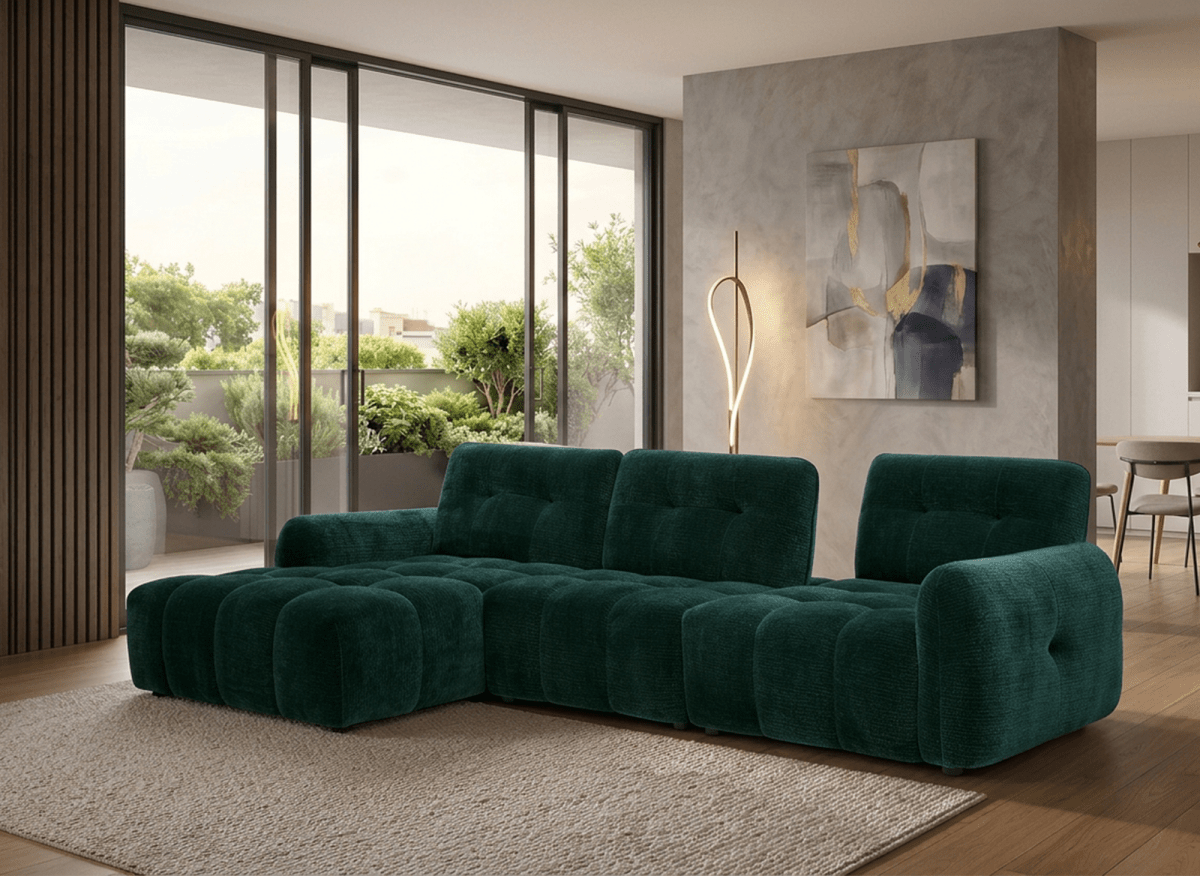 Canapé d'angle en velours tissé vert sapin avec dossier réglable ADONIS - Angle gauche - DécoInParis