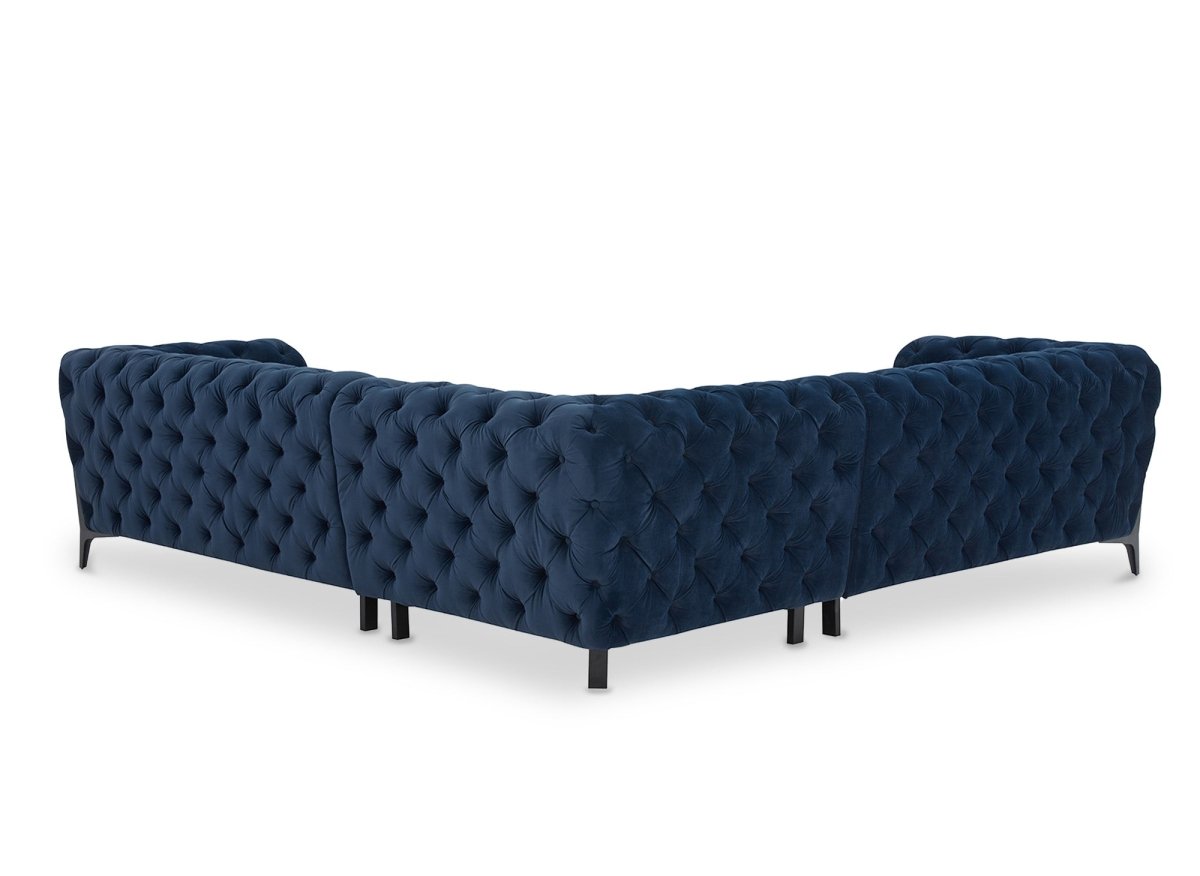 Canapé d'angle fixe capitonné chesterfield velours bleu CARMEN - DécoInParis