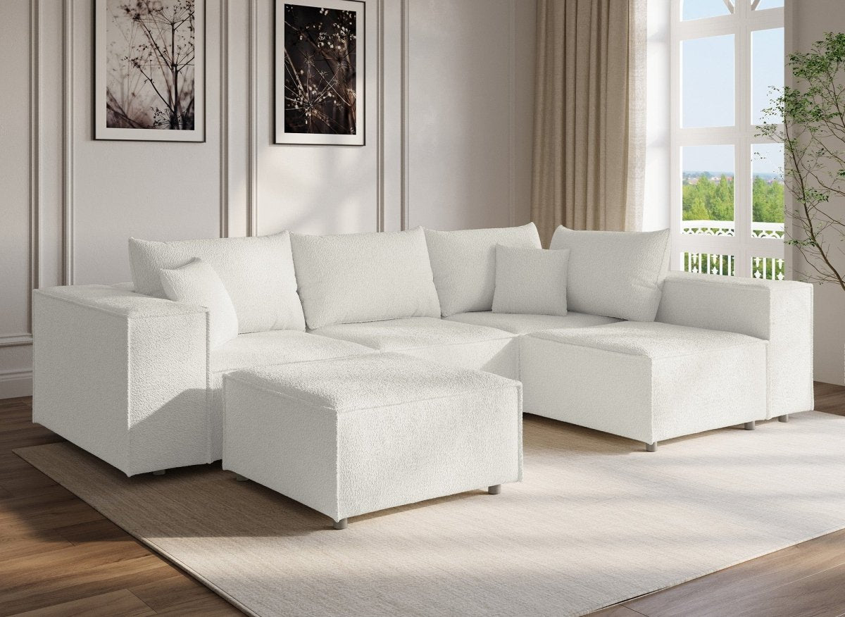 Canapé d'angle fixe modulable avec 1 pouf en tissu effet peau de mouton blanc écru HARLEM XL - DécoInParis