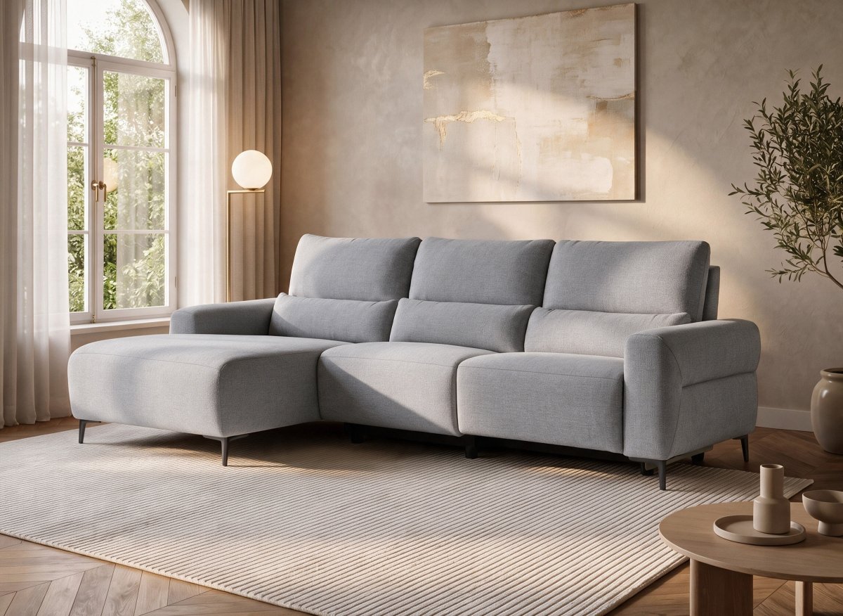Canapé d'angle relax électrique en tissu gris clair RAFAELA - Angle gauche - DécoInParis