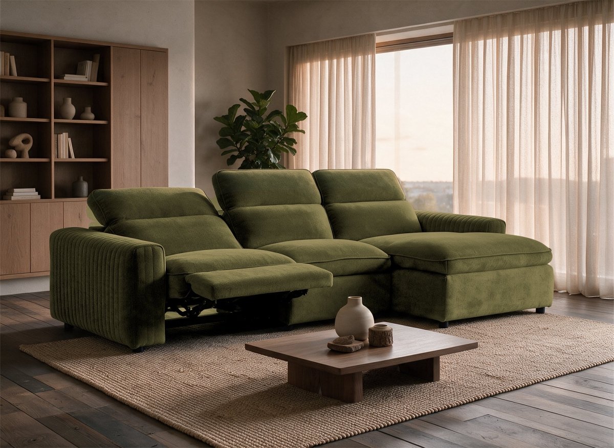 Canapé d'angle relax électrique en tissu vert olive ORELIA - Angle droit - DécoInParis