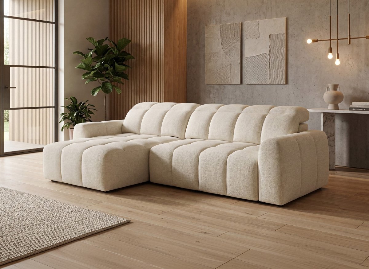 Canapé d'angle relax électrique en velours chiné beige DANIA - Angle gauche - DécoInParis