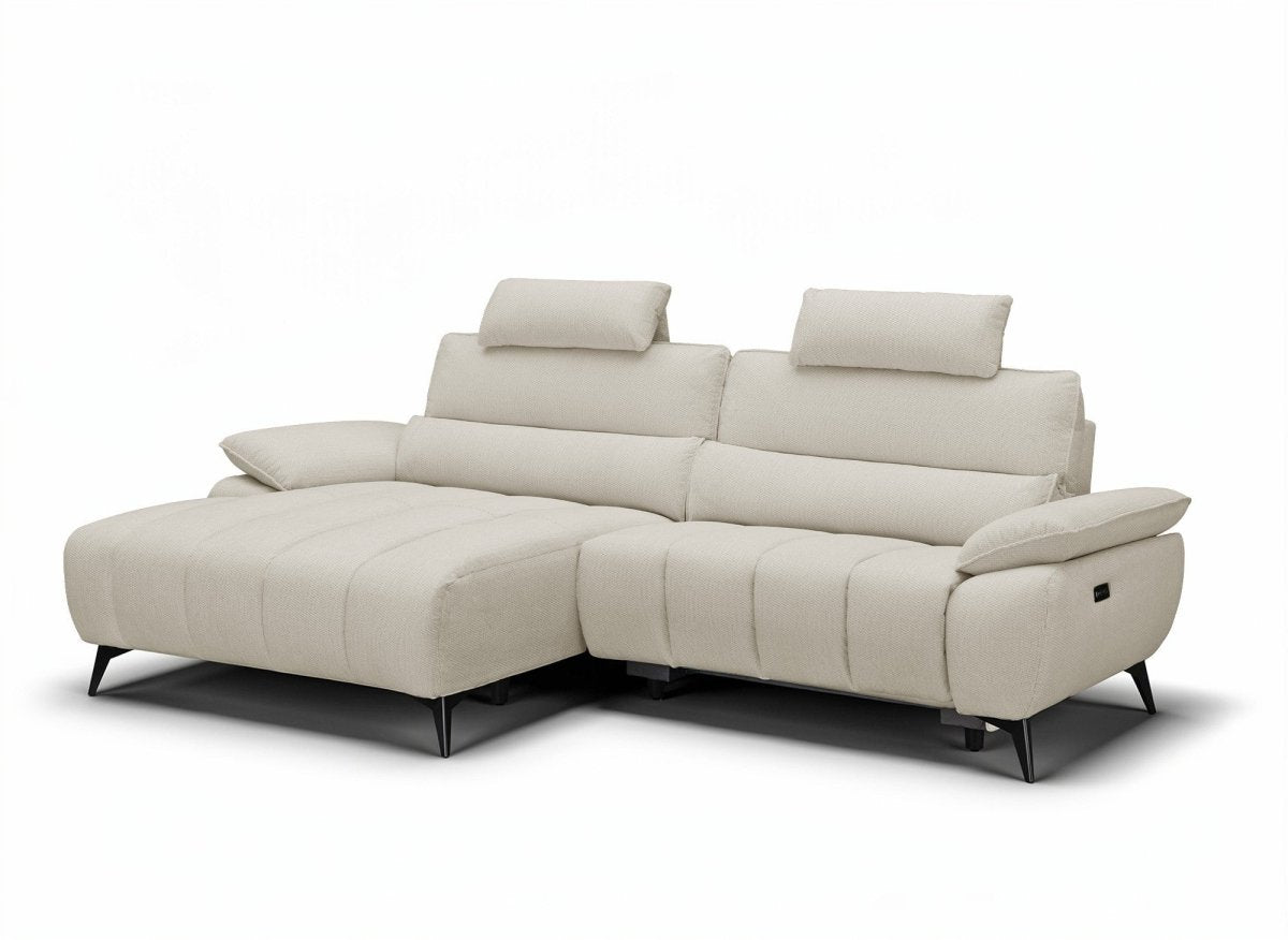 Canapé d’angle relax électrique en velours chiné beige LYANA - Angle gauche - DécoInParis